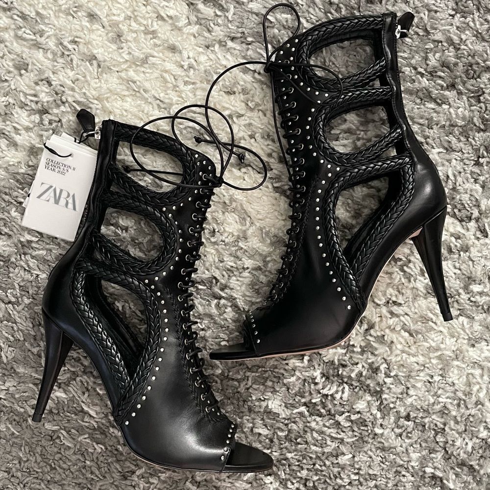 NIB Zara Studded Leather Sandal Booties
